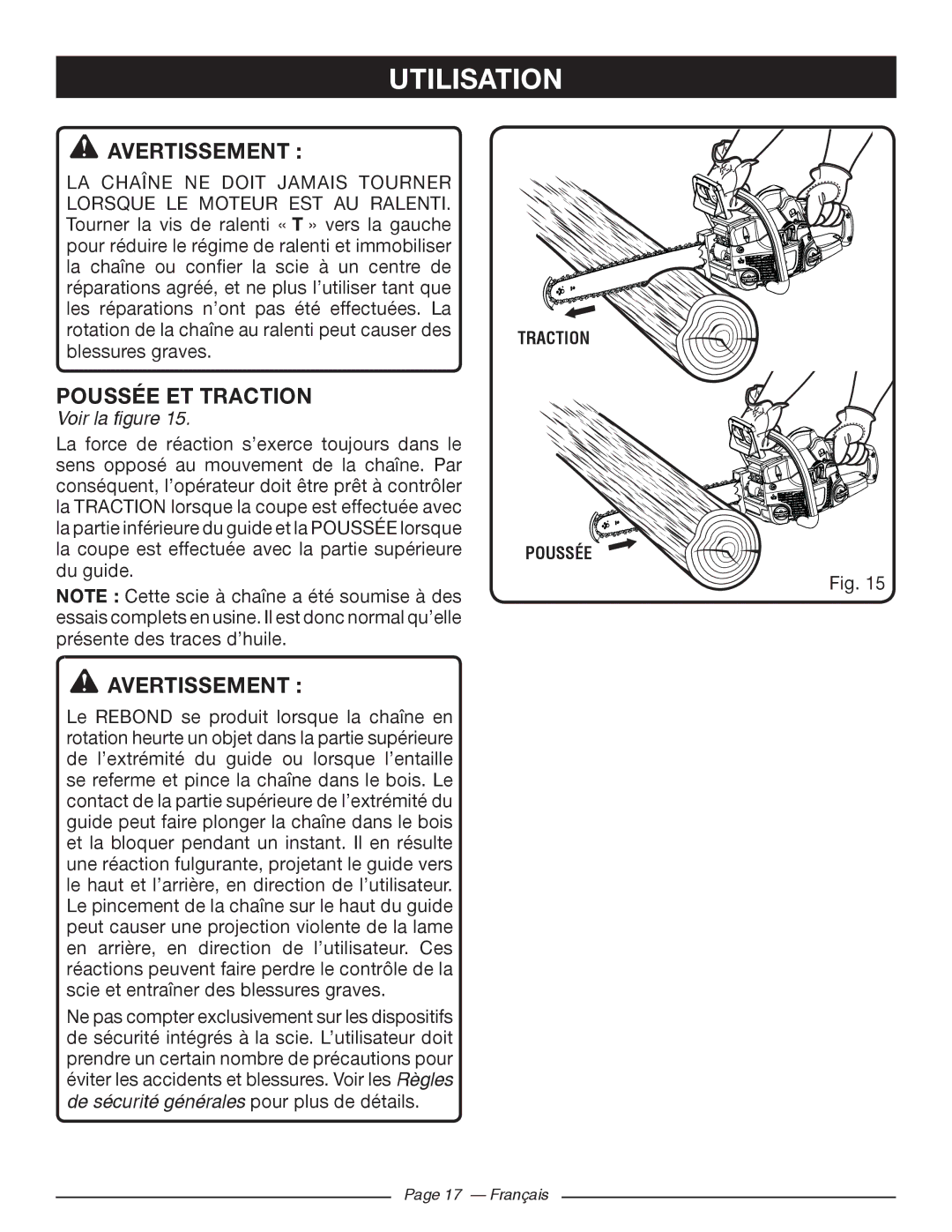 Ryobi RY10520, RY10518 manuel dutilisation Avertissement , Poussée ET Traction 